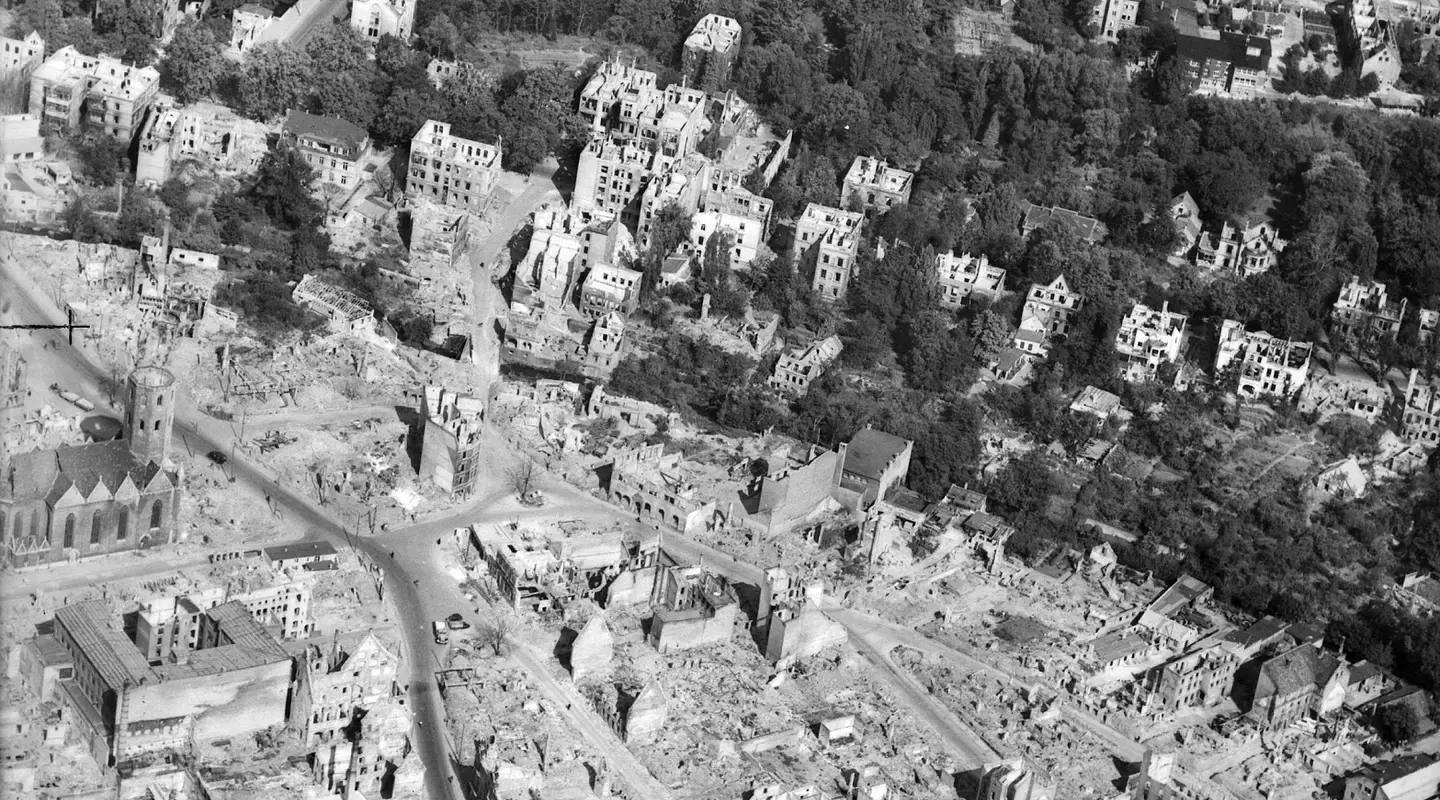 Aerial photograph of an area of Berlin showing the extensive damage caused by allied bombing