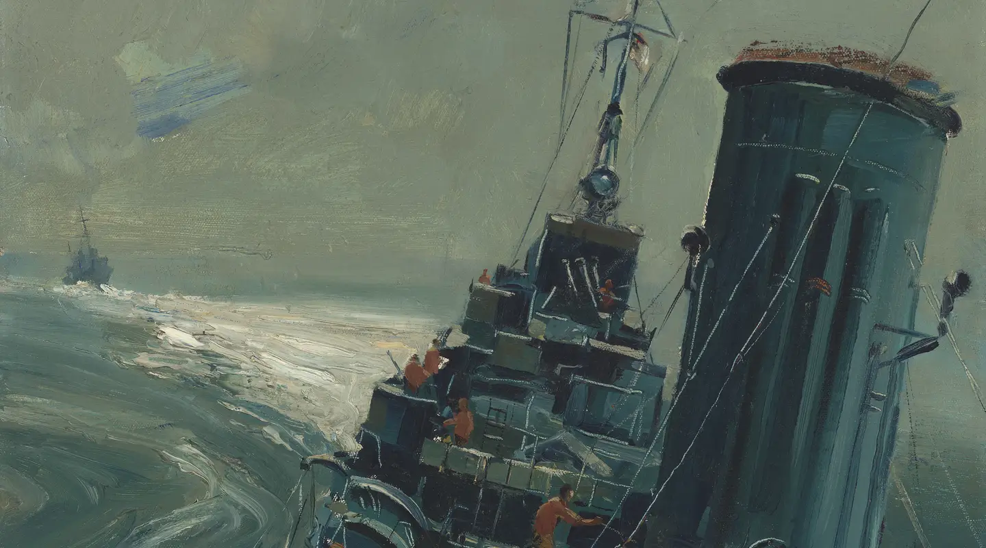 Artwork by Alan Moore of HMAS Arunta patrolling the Admiralty Islands