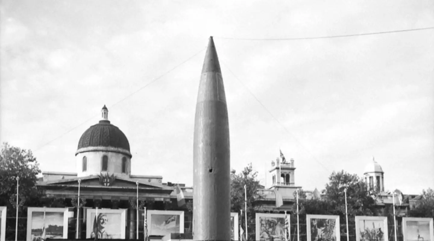 The V2 rocket on display in Trafalgar Square, London in September 1945. 