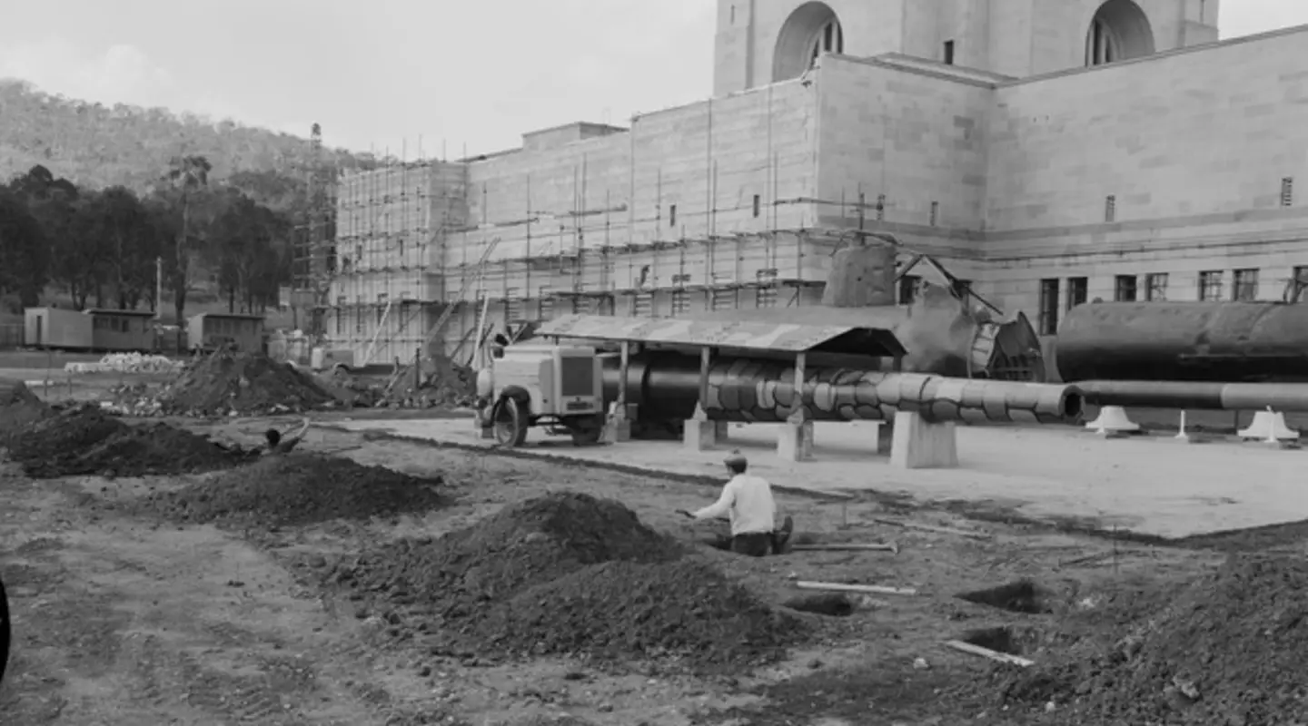 Preliminary works have just commenced as workmen prepare the site for the construction of the extensions to the AWM main building undertaken between 1968 and 1970. 