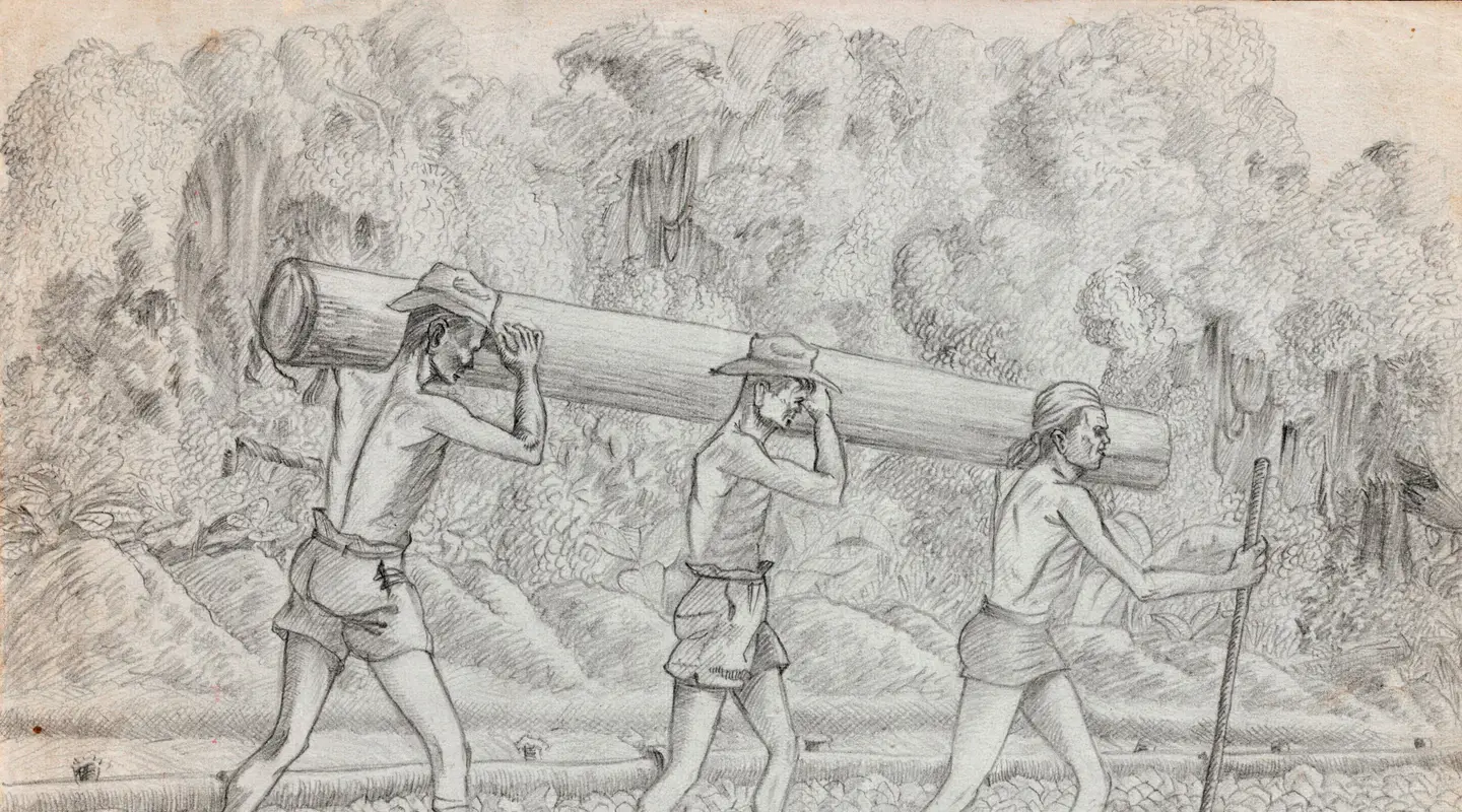 Artwork by James French, of three men carrying railway sleepers.