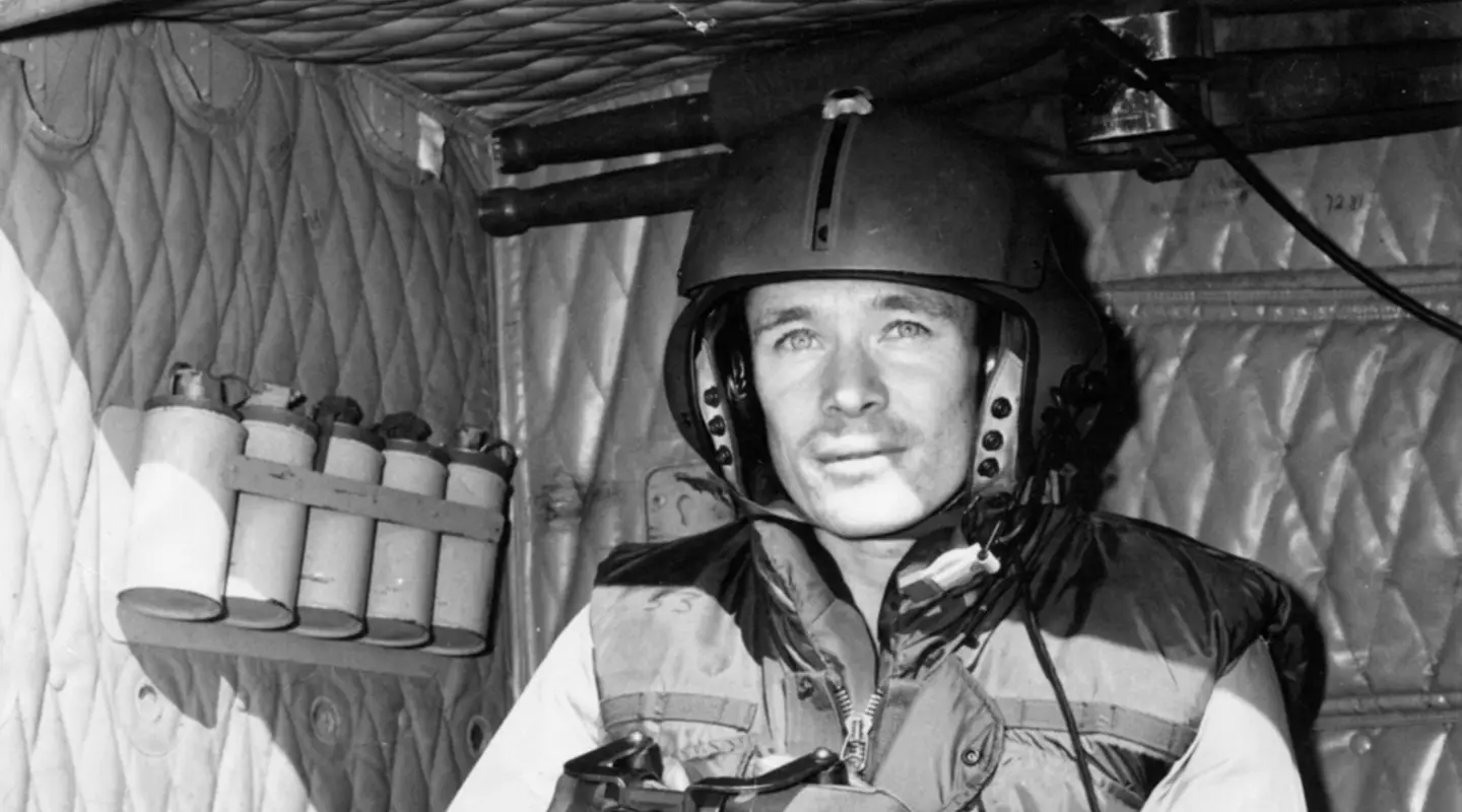 Neville Sinkinson sits in a helicopter during the early 1970s