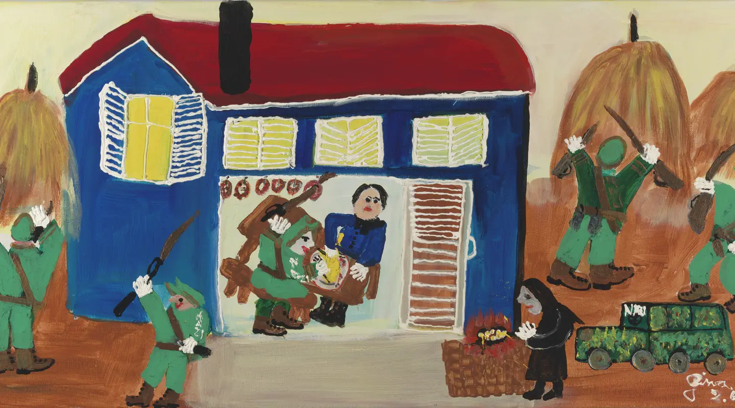 Vibrant painting showing a man eating with a Nazi soldier, with other green uniformed soldiers brandishing weapons outside to search haystacks.