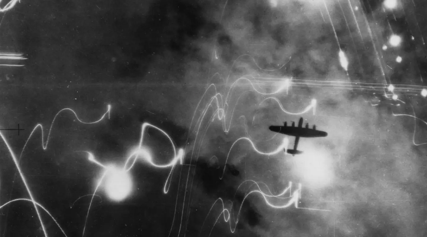 Lancaster bomber aircraft during an air attack on the city of Hamburg