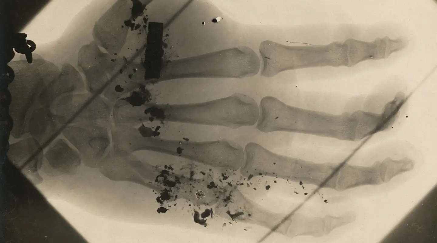 X-ray image showing shrapnel in a hand