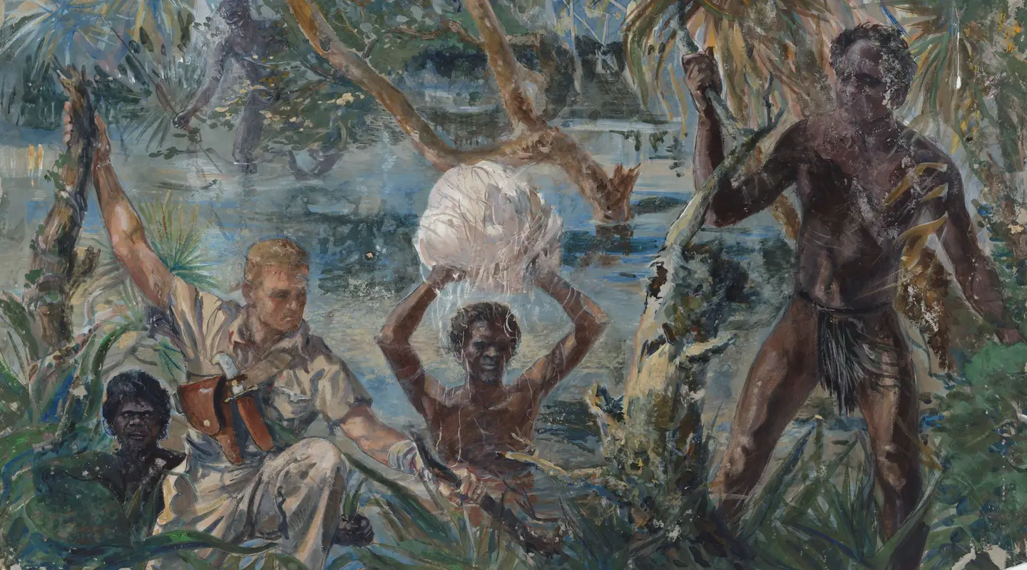 Painting by Roy Hodgkinson, titled Americans and Aborigines. 
