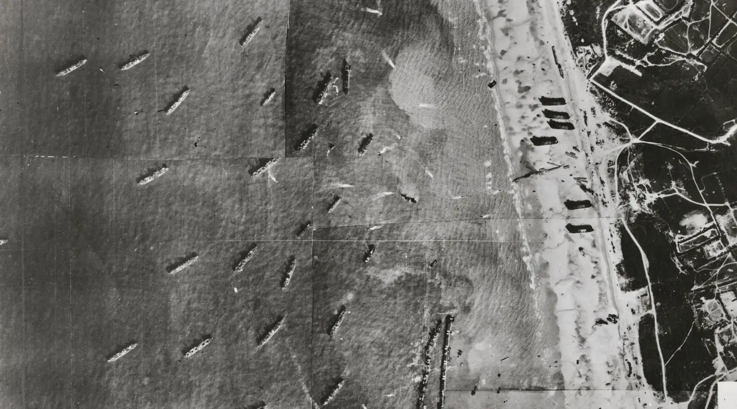 The landing beaches at Normandy from the air, 1944