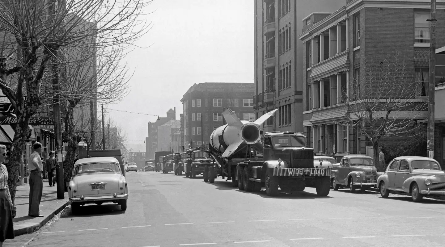 An RAAF convoy, transporting the V2 rocket through Sydney, September 1957.