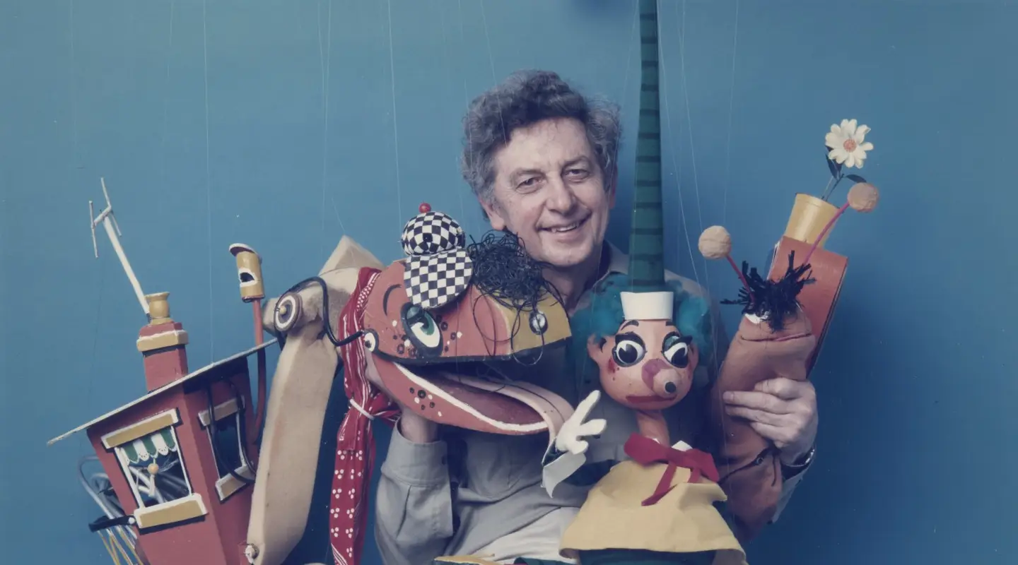 Norman Hetherington with his puppets including Mr Squiggle