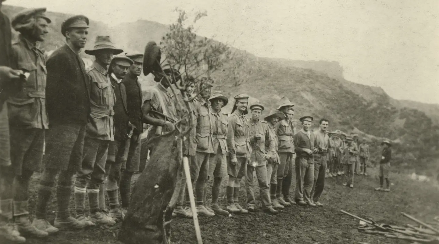 Survivors of the 1st Light Horse regiment’s attack at Pope’s Hill assemble after the battle. There were fewer than 50