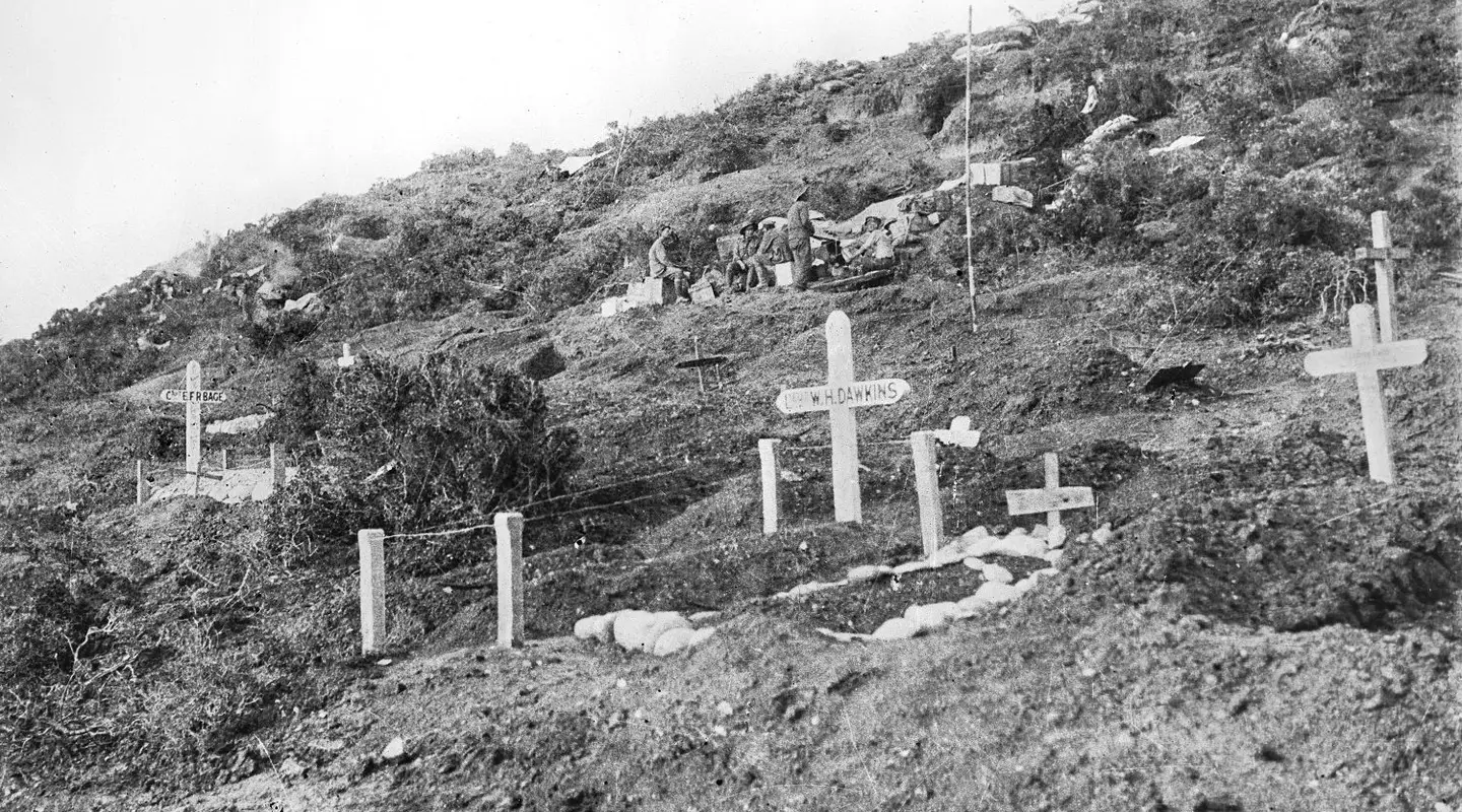 The cemetery near Hell Spit on the southern horn of ANZAC Cove. The grave on the left is that of Captain Bage.