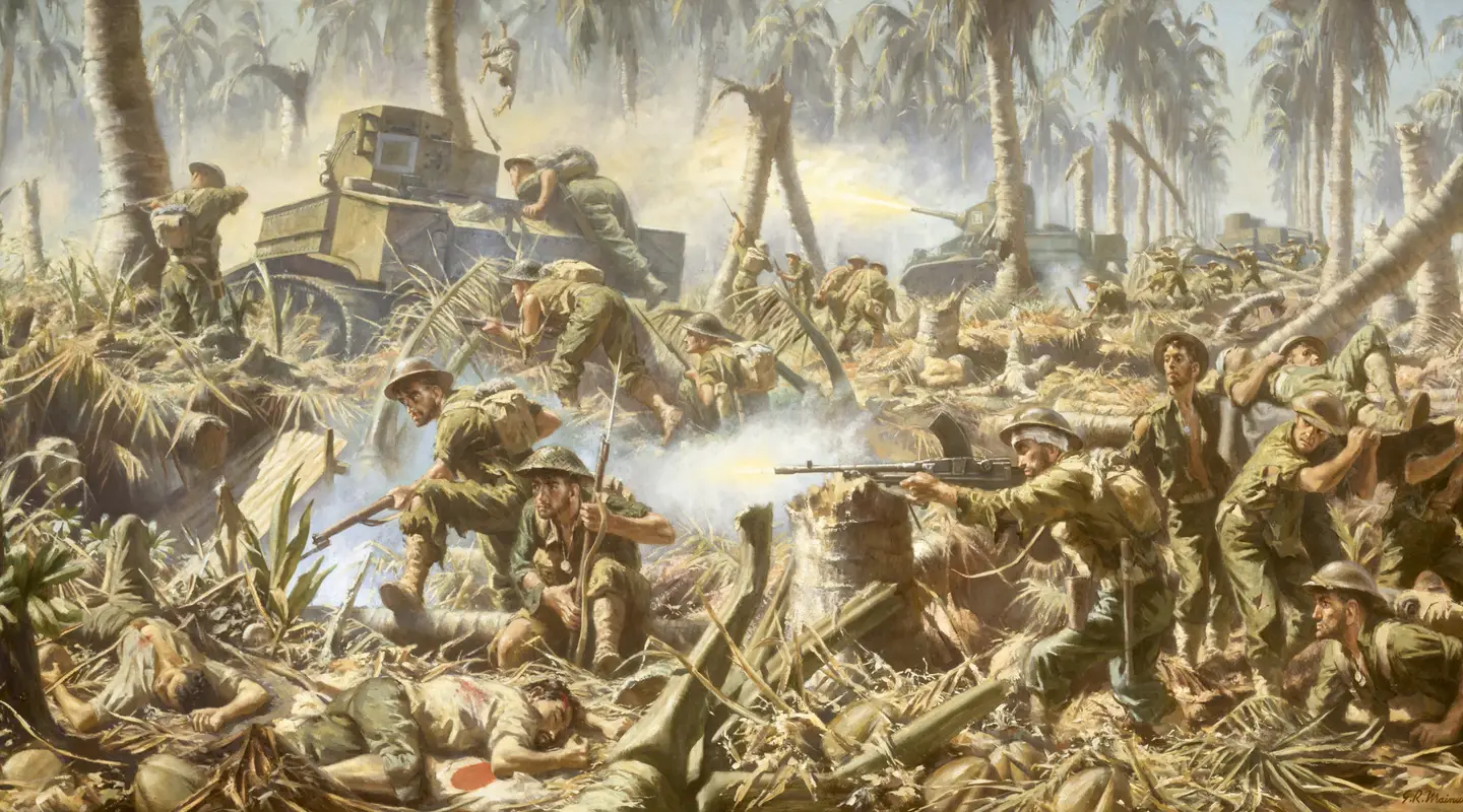 Geoffrey Mainwaring, "Australian action at Buna", 1962, oil on canvas, 175 x 313 cm.  AWM ART27547