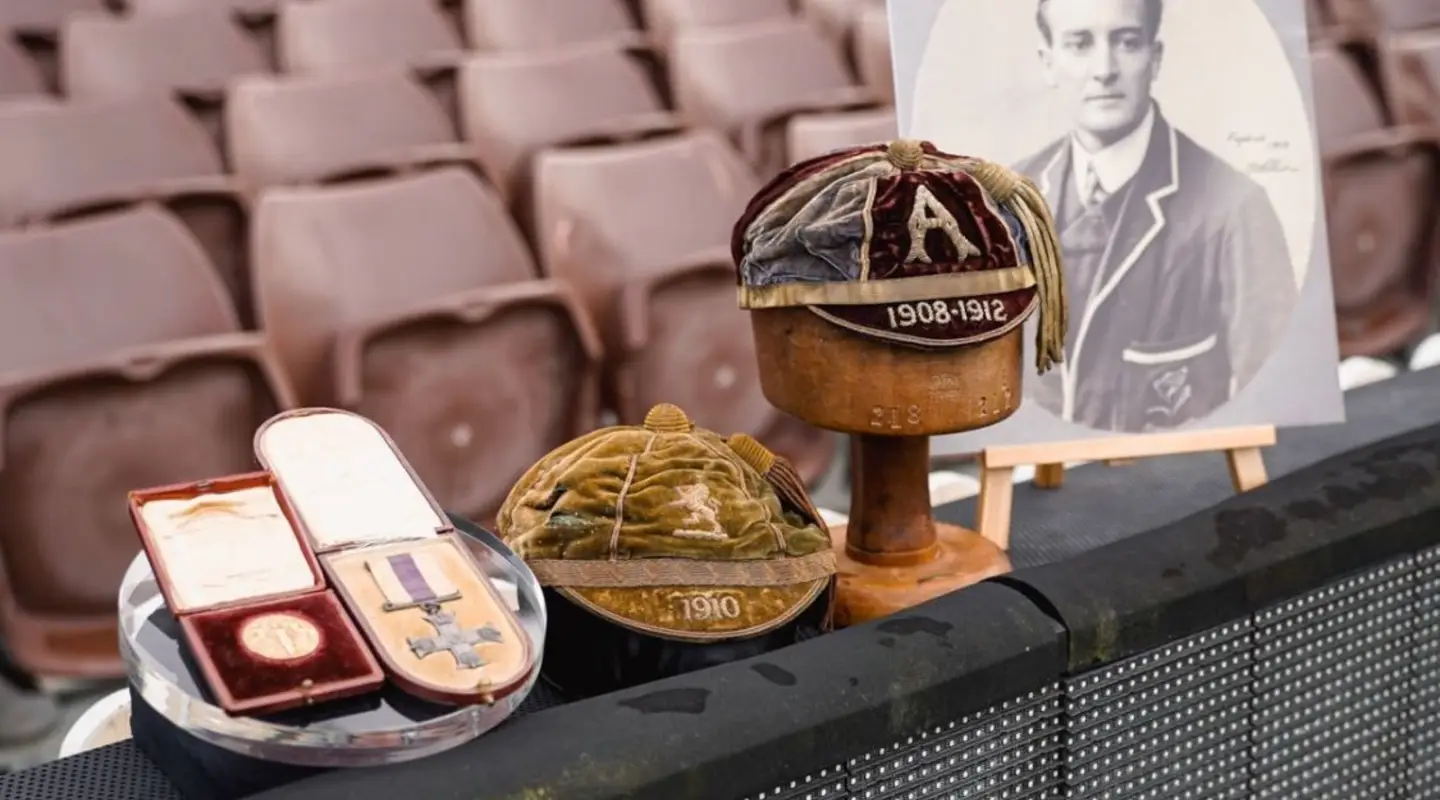 A collection of Tom Richards' honours: (L-R): 1908 Olympic gold medal, Military Cross, 1910 Lions cap, Wallabies cap (1908-1912) and his portrait