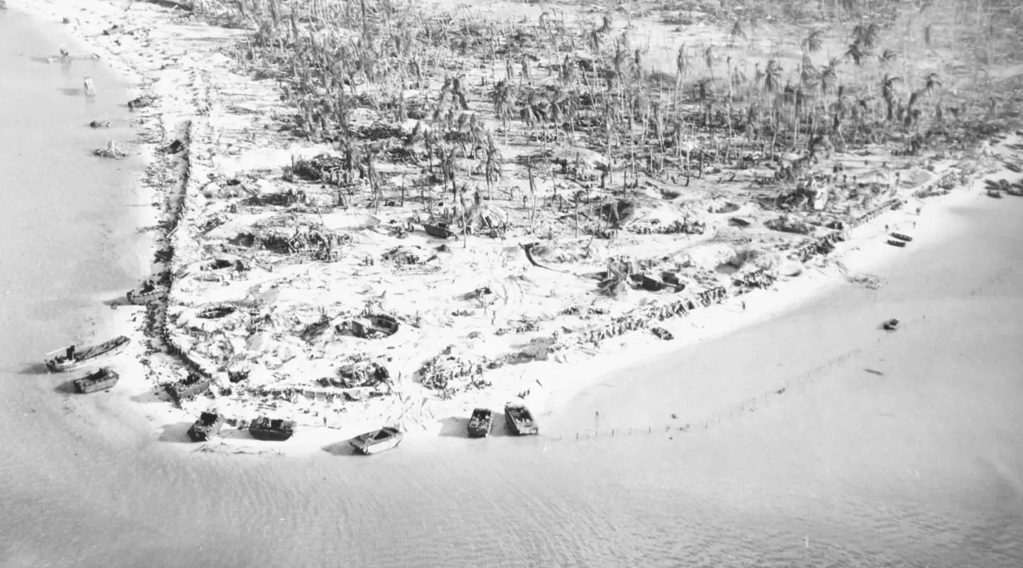 The clearing in the centre of the islet is the airfield. Photo credit NH 95704 US Naval History and Heritage Command Collection