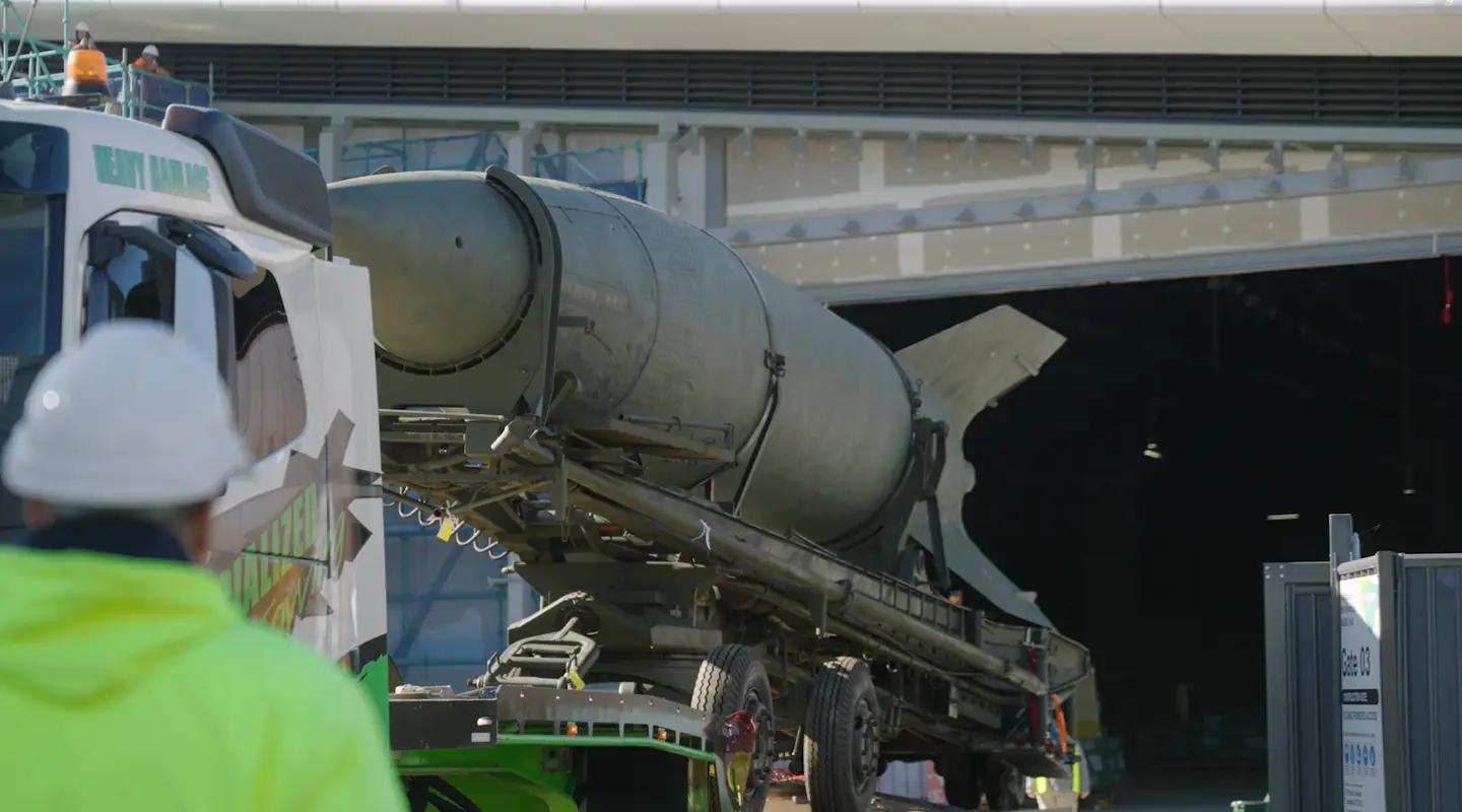 V2 rocket being moved into Anzac Hall