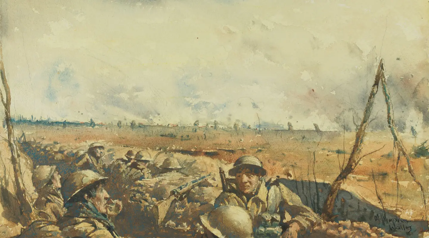 Napier Waller, In the trenches (c. 1918, watercolour on paper, 24 x 36 cm). AWM ART94646
