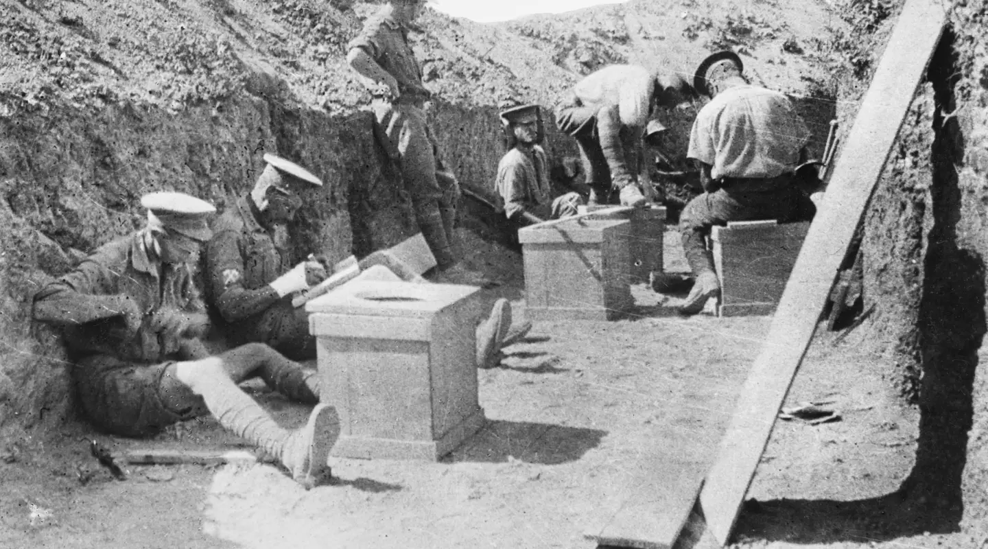 Pioneers of the First Battalion building thunderboxes, August 1915.