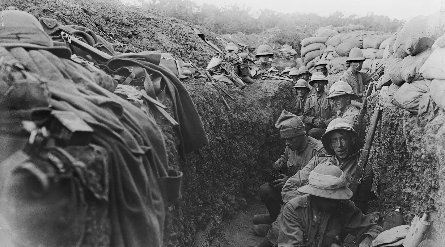 “There is no ‘off time’ on the Peninsula, and the firing goes on forever.” Soldiers of the Royal Irish Fusiliers man frontline positions at Cape Helles. Photographer: Ernest Brooks