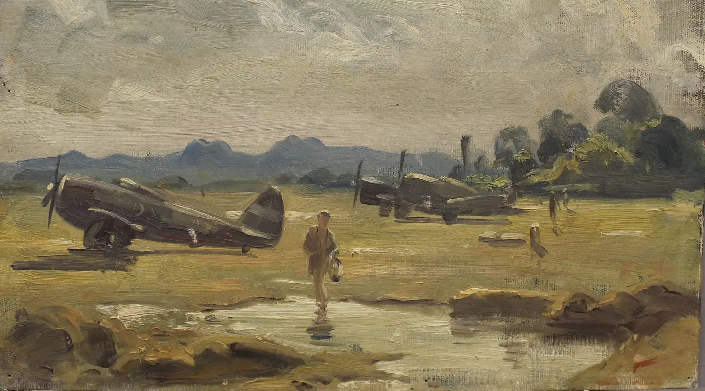 William Dargie, Planes of 134 Squadron grounded by the ‘Chota’ monsoon (January 1945, oil on canvas on cardboard, 40 cm x 46 cm, ART23910)