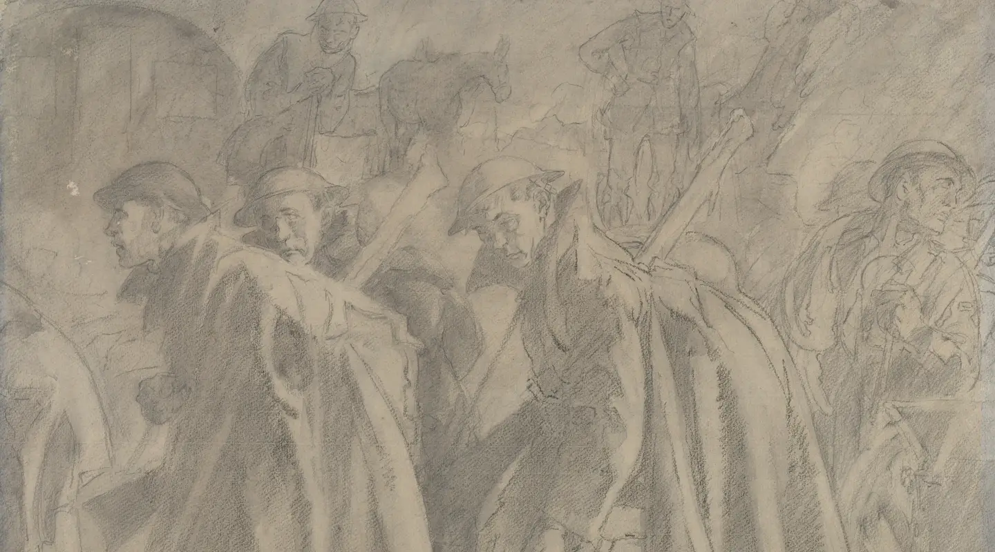 It shows exhausted Australian troops, draped in waterproof sheets, plodding through the rain and mud as they reach Montauban, a ruined village now containing temporary army huts and supply dumps several kilometres behind the frontline.