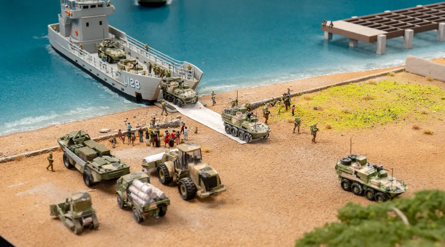 Close-up of Dili Diorama detail – HMAS Labuan lands troops and ASLAVs, 21 September 1999.