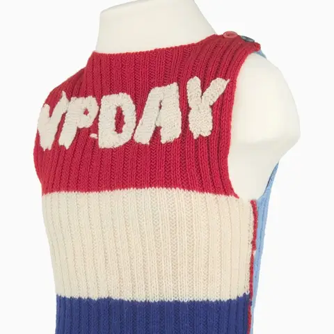 Sleeveless hand-knitted vest with VP DAY across the chest.