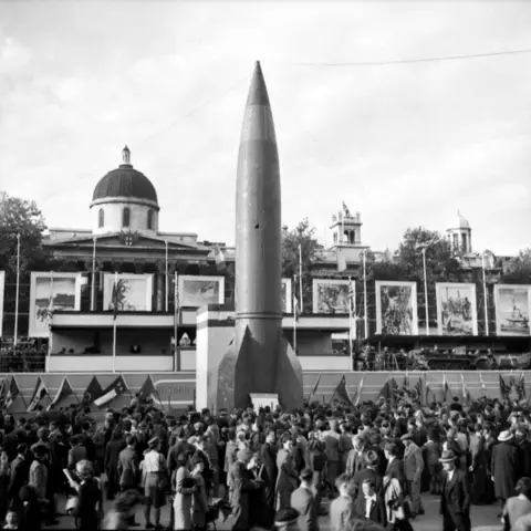 The V2 rocket on display in Trafalgar Square, London in September 1945. 