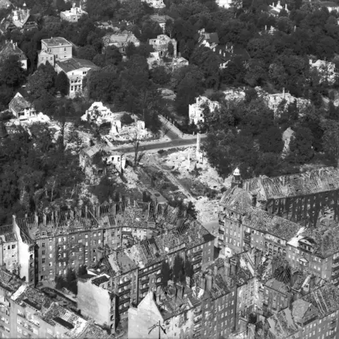 Aerial photograph of an area of Berlin showing the extensive damage caused by allied bombing.