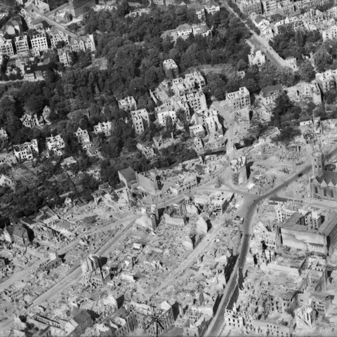 Aerial photograph of an area of Berlin showing the extensive damage caused by allied bombing.