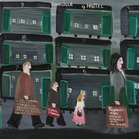 A mother, father and two children walk in front of rows of identical accomodation. They hold suitcases with their names and dates of arrival.