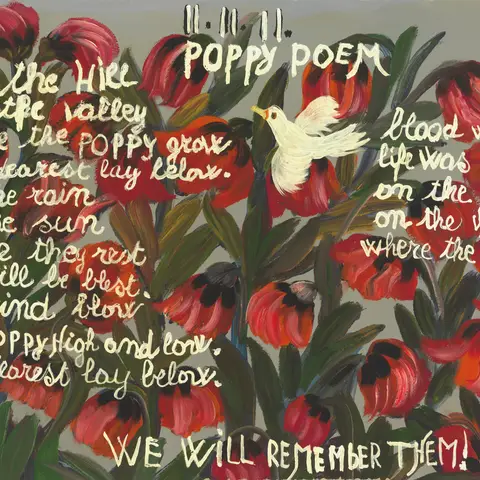 Painting of red poppies with a dove and poem with the words 'we will remember them!' at the bottom