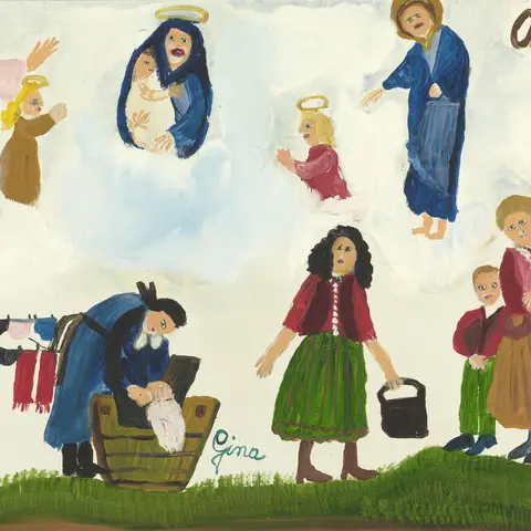 Colourful painting showing daily life such as washing, milking, spinning, cooking and tending animals.