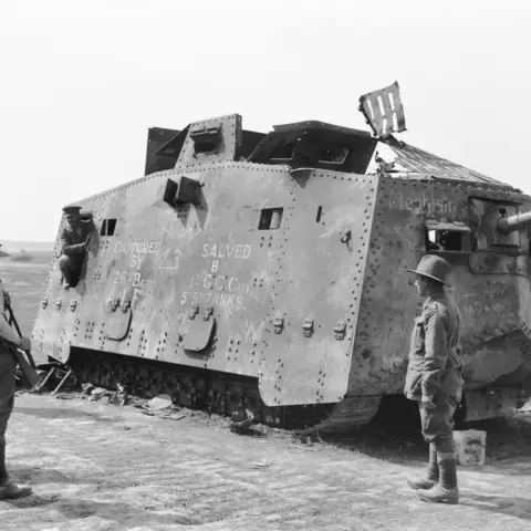 Australian soldiers inspect Mephisto, a German A7V tank