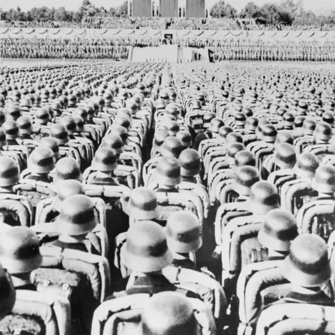 Large crowd of troops and Nazi Party members at a rally.
