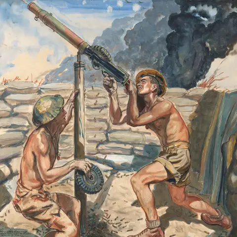 Artwork by Roy Hodgkinson of two Gunners with a Lewis gun.