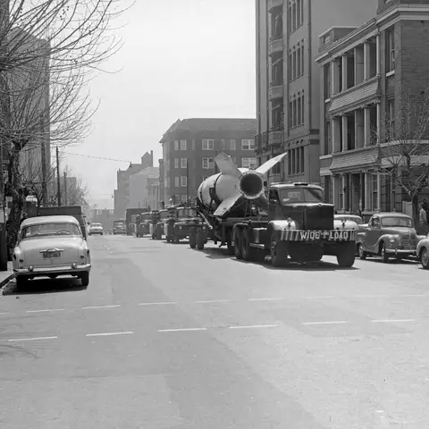An RAAF convoy, transporting the V2 rocket through Sydney, September 1957.