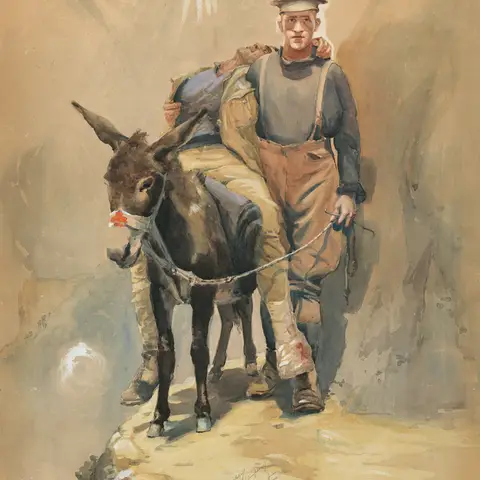 Artwork of a New Zealand soldier with a donkey