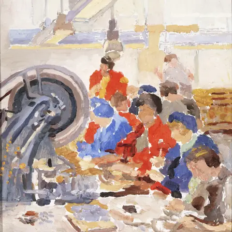 Sybil Craig, Impression: workers and capping machine, 1945