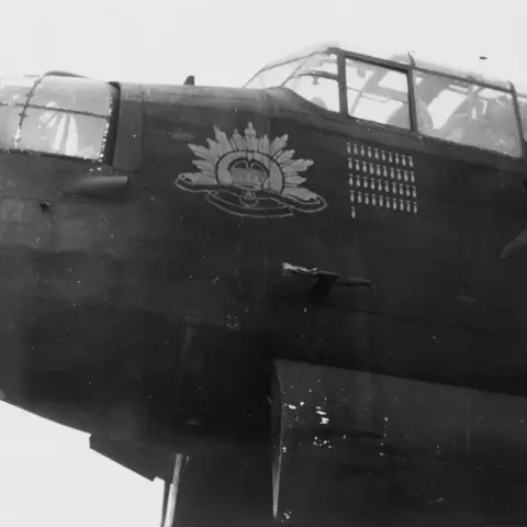 Lincolnshire, England. 1944-12-06. "A" for Able, a Lancaster bomber aircraft of No. 467 Squadron RAAF at RAF Station Waddington, with forty-one operations to its credit and the AIF crest as insignia. AWM UK2257