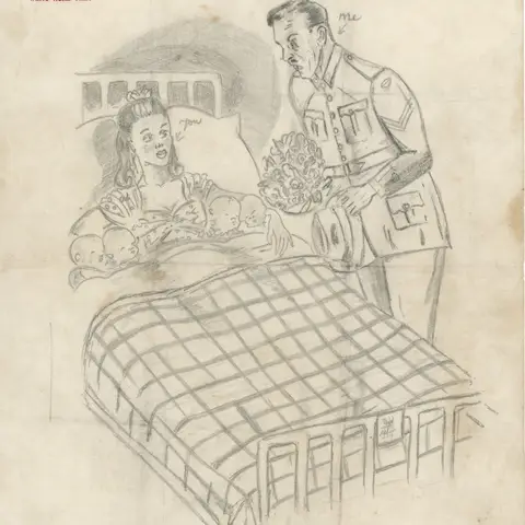 Pencil drawing of Irene in bed, holding four babies, and himself by the bed holding a bunch of flowers.