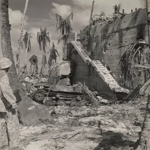 Japanese command bunker 1943 with Ha Go tank. Photo USMC Photo credit NH 95704 US Naval History and Heritage Command Collection