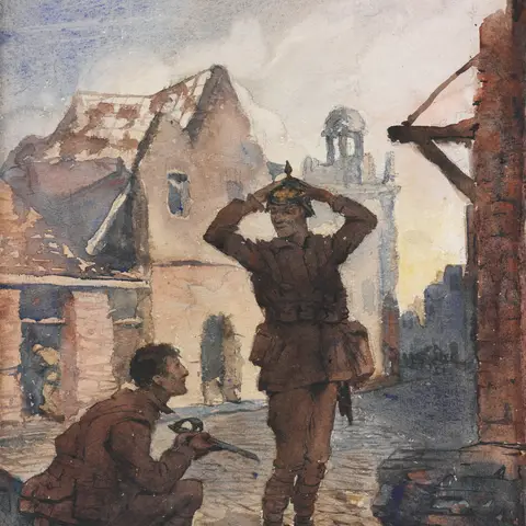 Depicts a seated soldier, in the foreground, holding a small sword in his hands. Beside him stands an Australian soldier trying on a recently acquired German pickelhaube helmet. They stand amongst the ruined buildings of a French town. Mervyn Napier Waller (1893-1972)