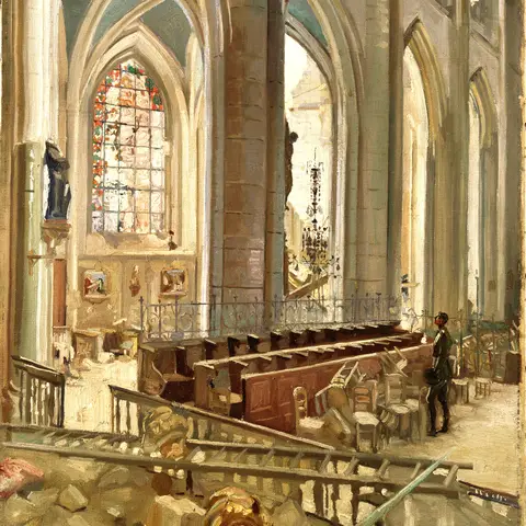James F. Scott, Interior of Corbie Abbey, showing effect of shell-fire (1918), oil on canvas. ART03368