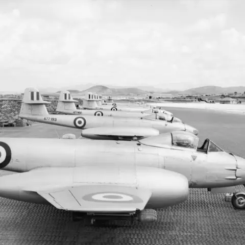 A line of Gloster Meteor MK 8 Aircraft of No. 77 Squadron RAAF, South Korea 1953.