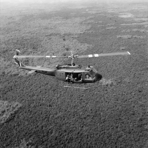 The new H model Iroquois flying low over the Bien Hoa province of Vietnam, 1968.