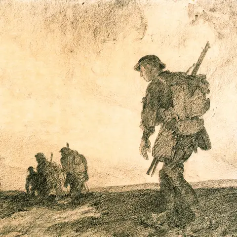 epicts war damaged landscape near Vaux, the Somme, with a line of soldiers with full kit returning to the front line, in the summer of 1918.