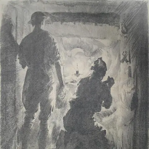 With the 2nd Australian tunnellers near Nieuport, lithograph on paper, 1918. Depicts members of the 1st Australian Imperial Force, 2nd Australian Tunnelling Company with two men in the tunnel.