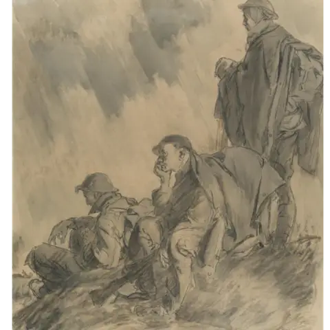 Depicts three soldiers, two sitting on ground, all wearing great coats and waterproof capes and carrying full kit.