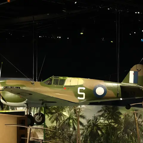 P Curtiss P-40E Kittyhawk “Polly" on display in Anzac Hall