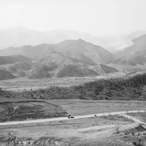 An elevated view of the Kapyong Valley and surrounding hills